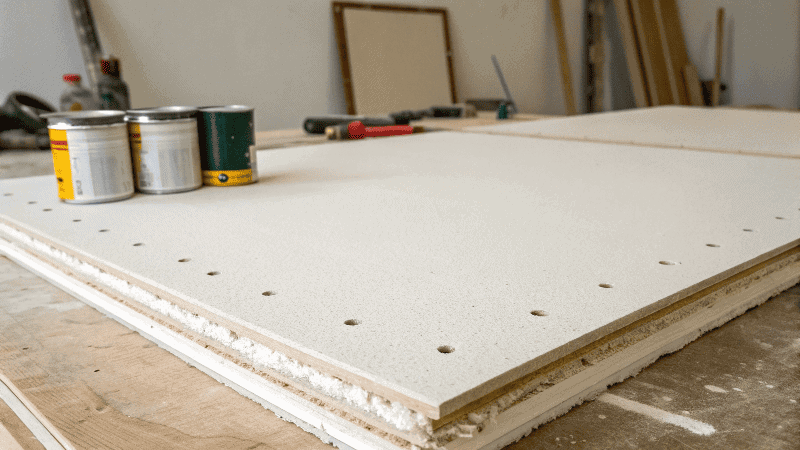 A wall with one half primed and the other half with paint directly applied, showing the difference in finish.