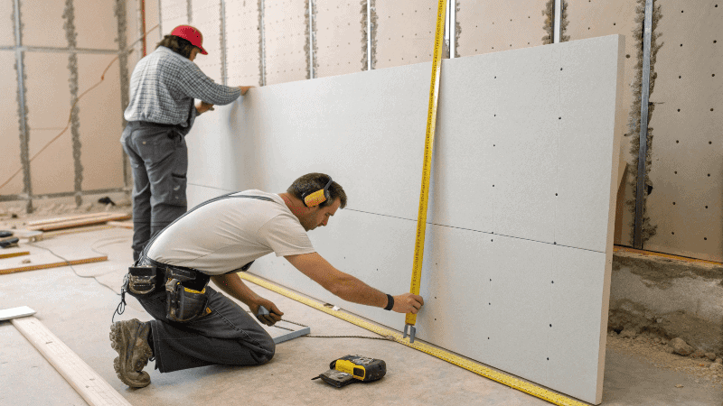 A step-by-step infographic showing the gypsum board installation process.