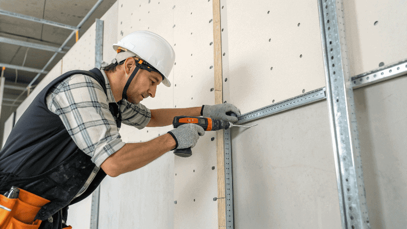 A close-up shot of a worker installing gypsum board on a ceiling.