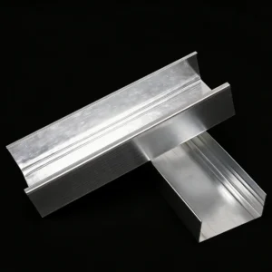 Silver aluminum U-channel placed diagonally against a solid black background, showcasing its reflective surface and angular design.