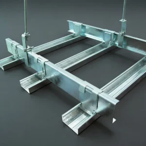 Metal frame structure for a suspended ceiling system with galvanized steel channels and support brackets on a grey background.
